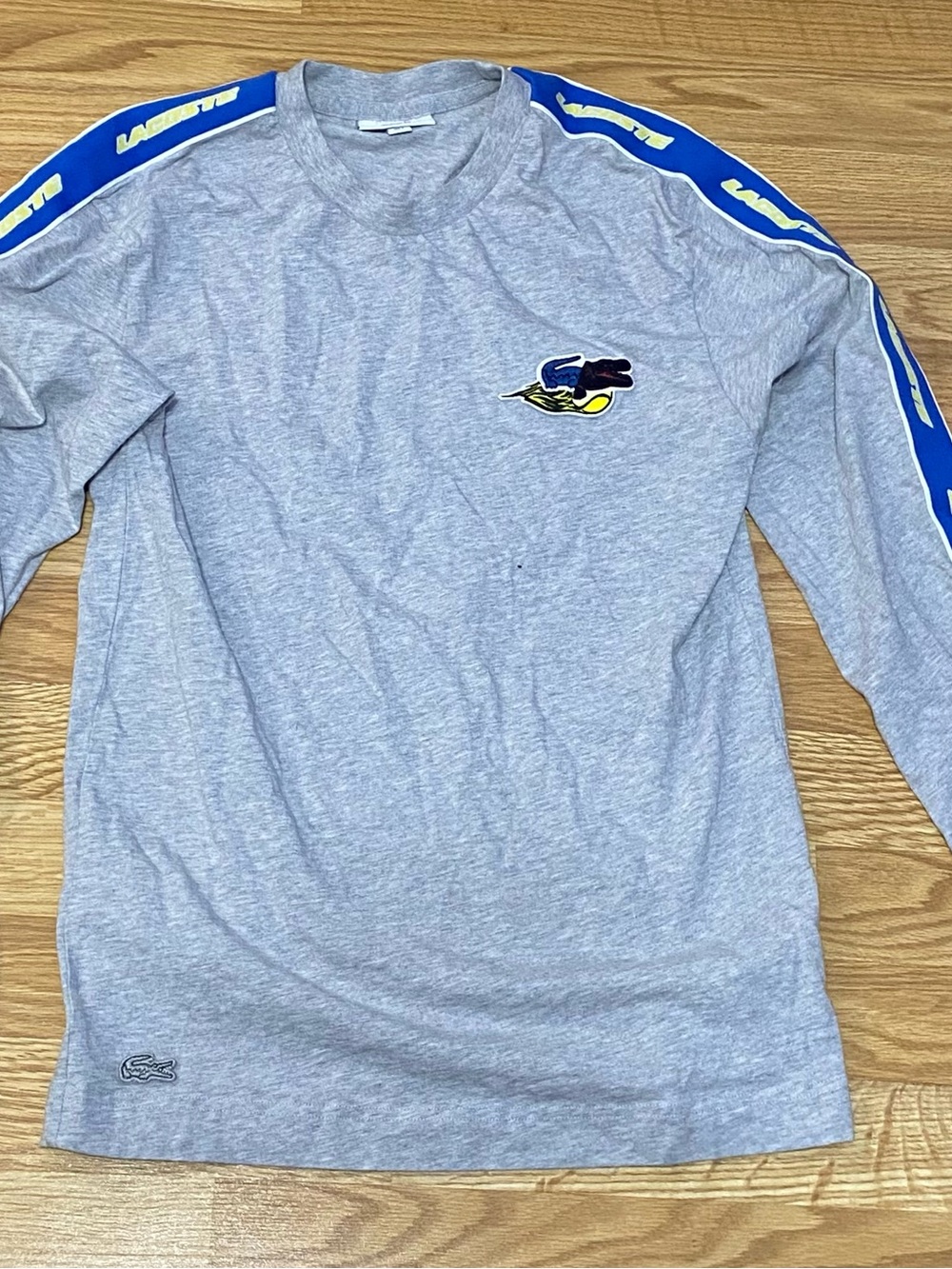 Lacoste - “Claw” Gray Long-Sleeve Crew with Royal Blue Shoulder Stripes